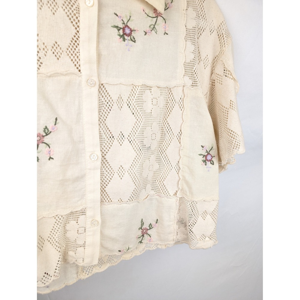 Zara Patchwork Crochet Floral Embroidered Button Shirt Sz XS Cottagecore Granola - Picture 4 of 9